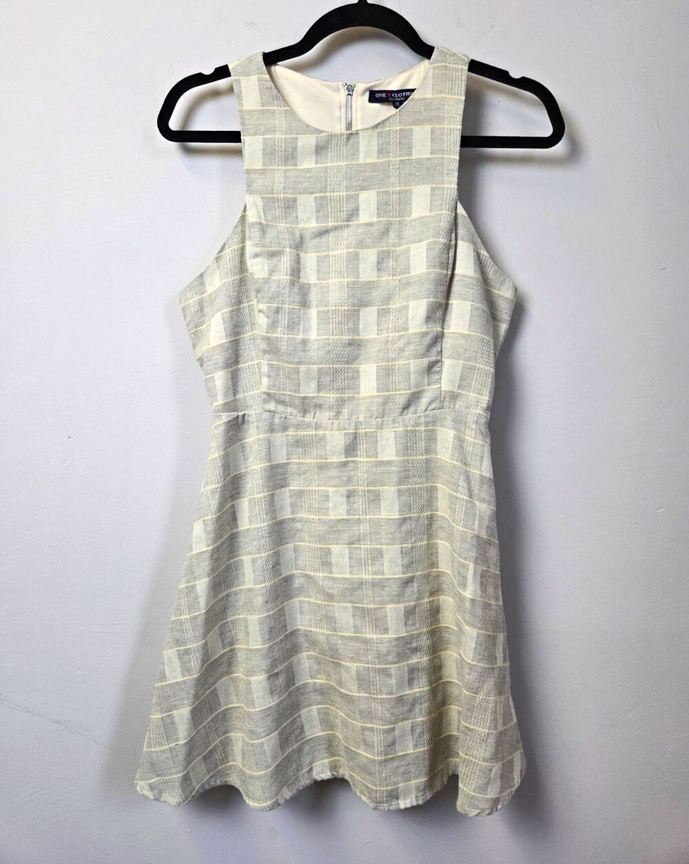 One Clothing Women's S Ivory Gray Plaid A-Line Short Dress Square Neck Zip